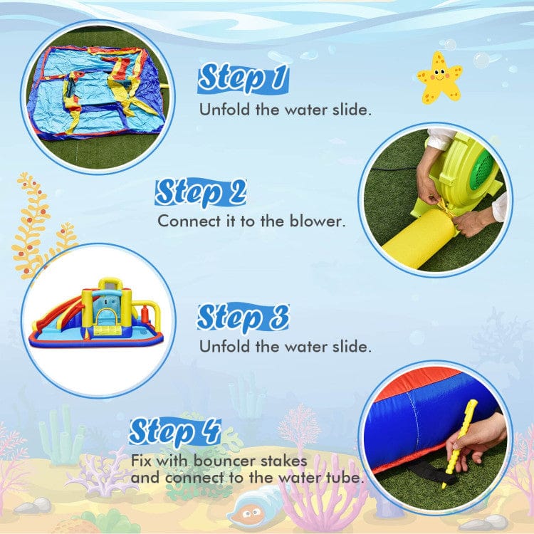 Costway 7-in-1 Inflatable Water Slide Water Park Kids Bounce Castle w/ 735W Blower