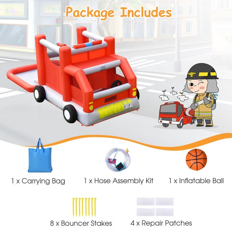 Costway Fire Truck Themed Inflatable Castle Kids Bounce House without Blower