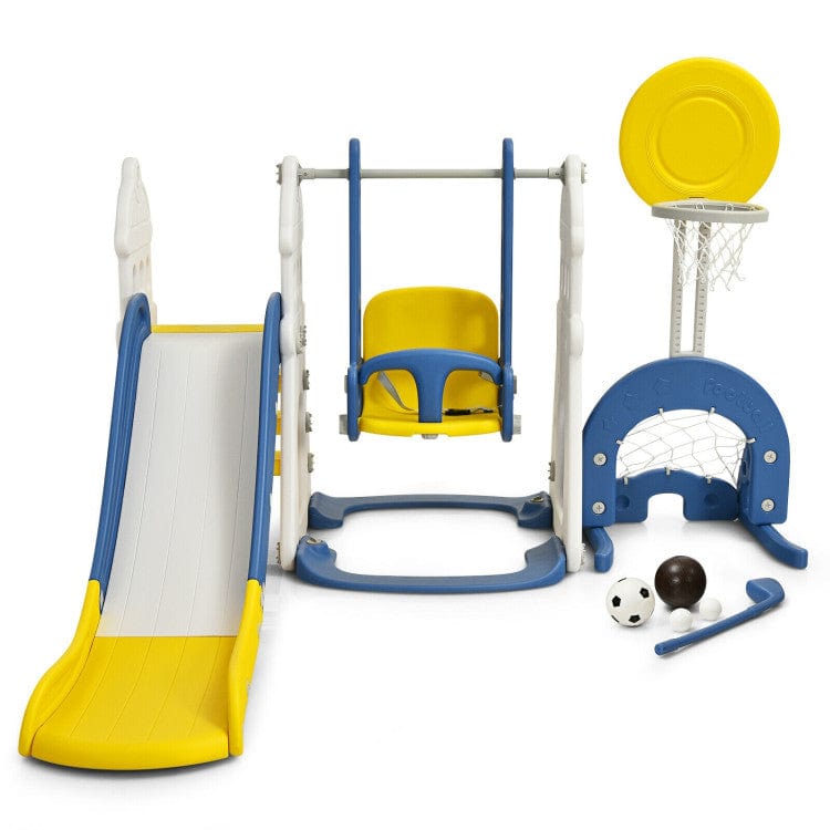Costway Blue 6-in-1 Slide and Swing Set with Ball Games for Toddlers with Playset