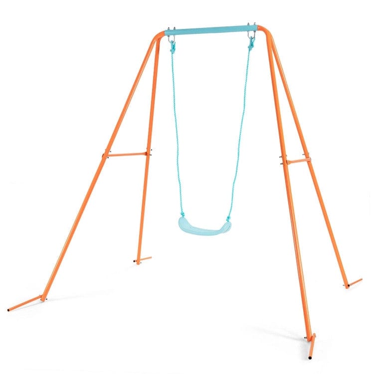 Costway Outdoor Kids Swing Set with Heavy-Duty Metal A-Frame and Ground Stakes - Orange