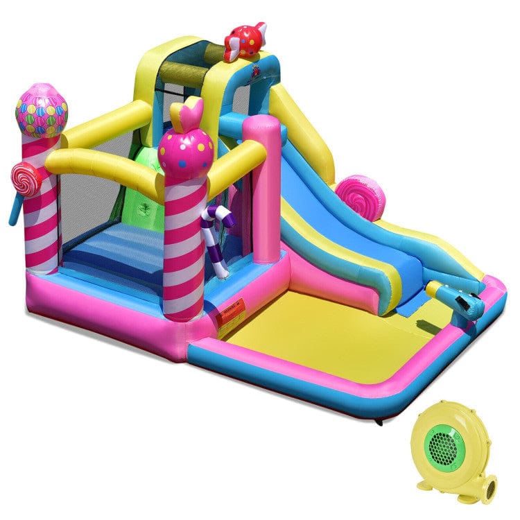 Costway Sweet Candy Inflatable Bounce House with Water Slide and 480W Blower
