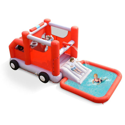 Costway Fire Truck Themed Inflatable Castle Water Park Kids Bounce House with 480W Blower