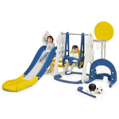 Costway Blue 6-in-1 Slide and Swing Set with Ball Games for Toddlers with Playset