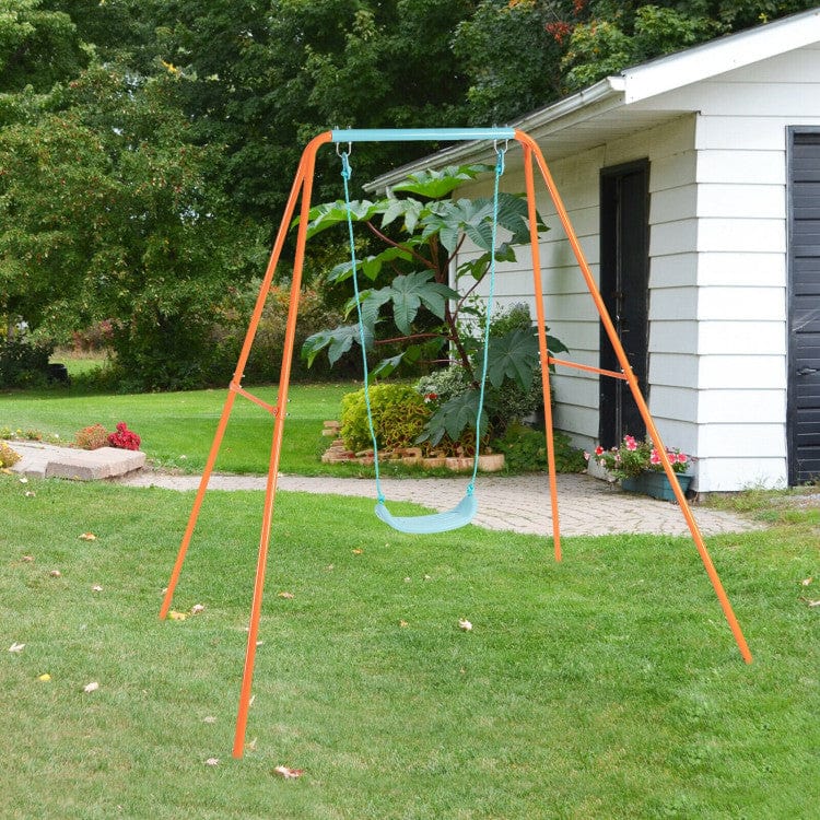 Costway Outdoor Kids Swing Set with Heavy-Duty Metal A-Frame and Ground Stakes - Orange