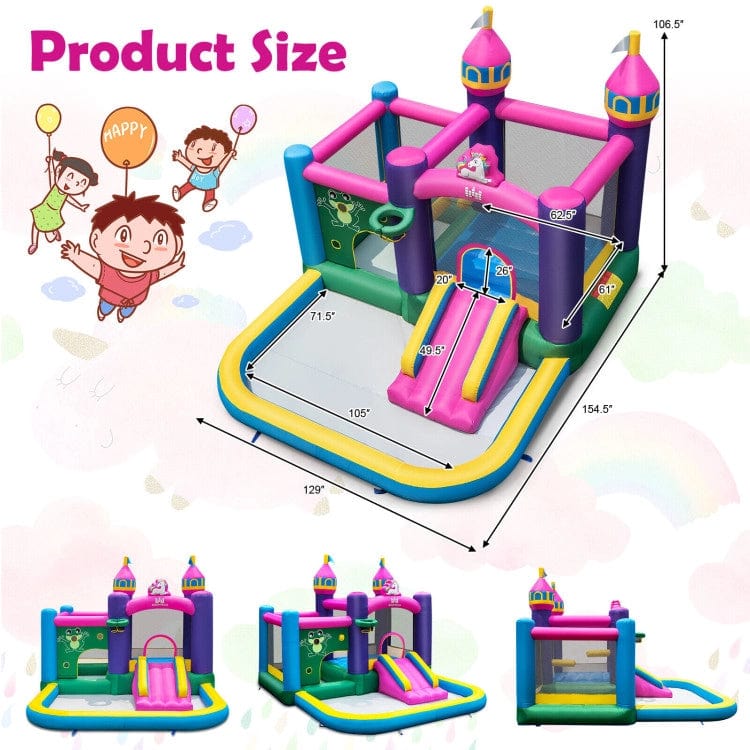 Costway 6-in-1 Kids Inflatable Unicorn-themed Bounce House with 735W Blower