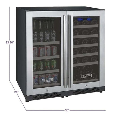Allavino 30&quot; Wide FlexCount II Tru-Vino 30 Bottle/88 Can Dual Zone Stainless Steel Side-by-Side Wine Refrigerator/Beverage Center
