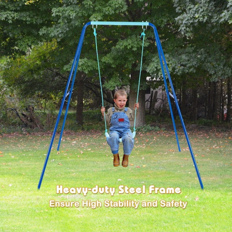 Costway Outdoor Kids Swing Set Heavy-Duty Metal A-Frame Ground Stakes Blue