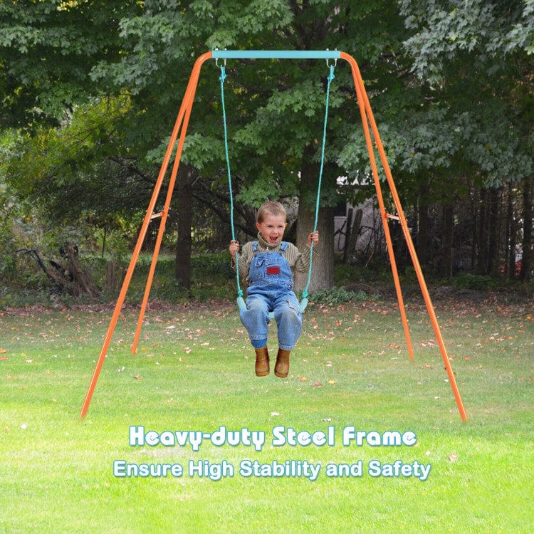 Costway Outdoor Kids Swing Set Heavy-Duty Metal A-Frame Ground Stakes Orange