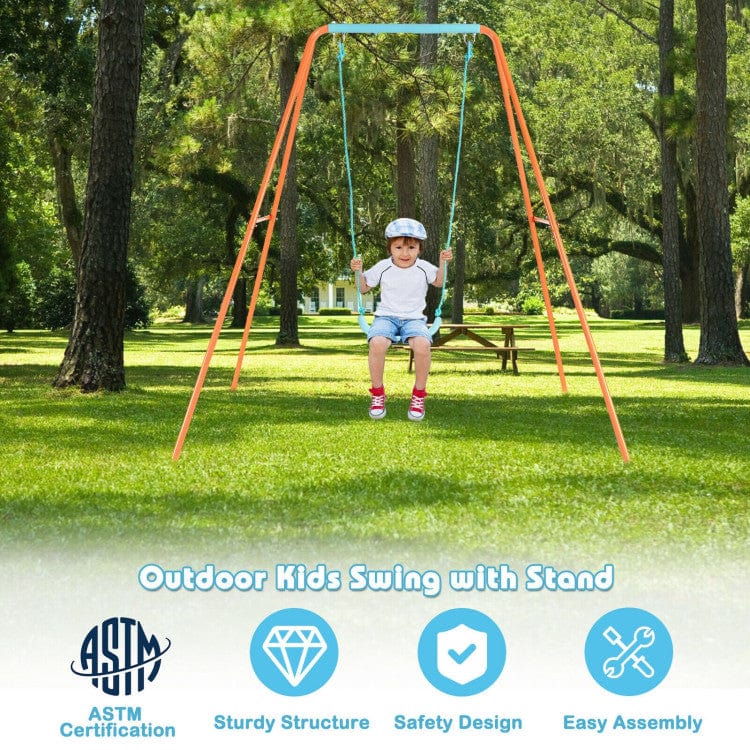 Costway Outdoor Kids Swing Set Heavy-Duty Metal A-Frame Ground Stakes Orange