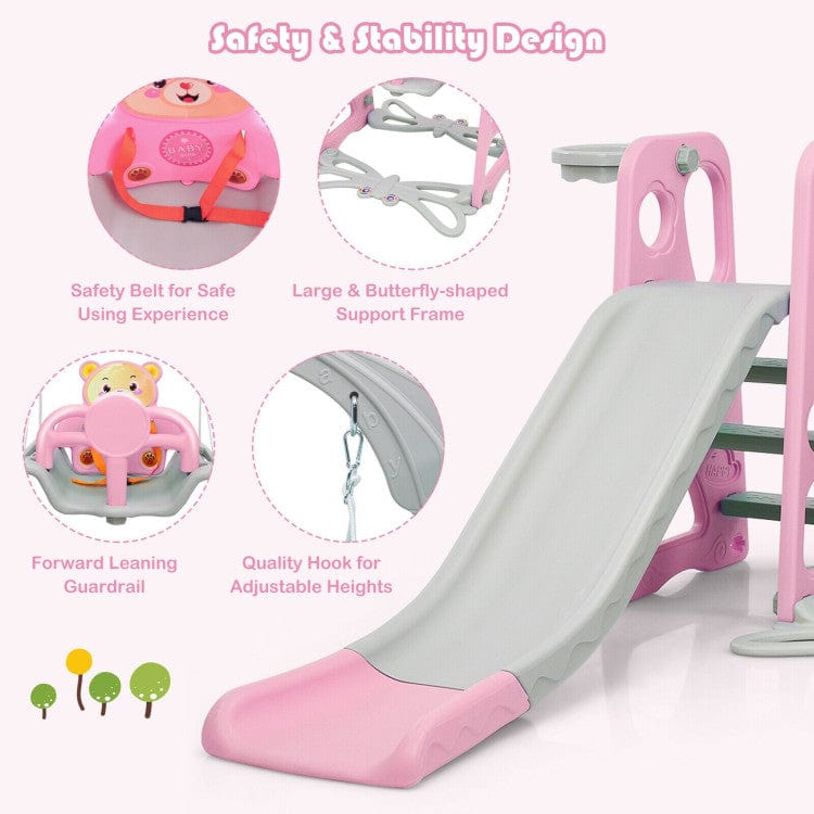 Costway 3-in-1 Toddler Climber Swing Set Slide Playset Pink