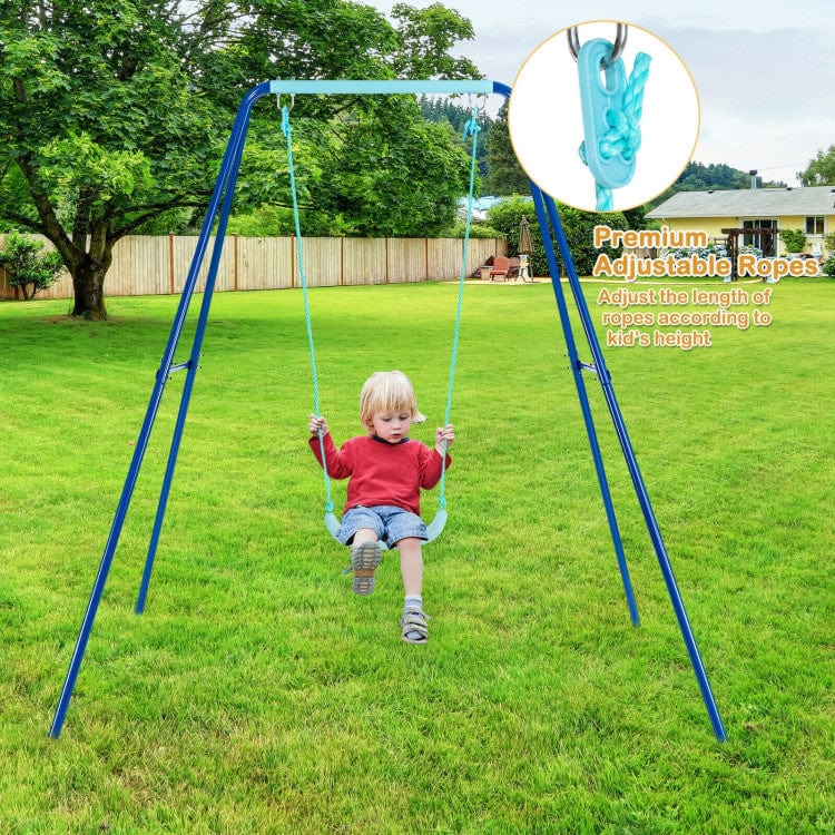 Costway Outdoor Kids Swing Set Heavy-Duty Metal A-Frame Ground Stakes Blue