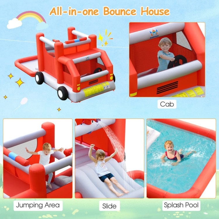 Costway Fire Truck Themed Inflatable Castle Kids Bounce House without Blower