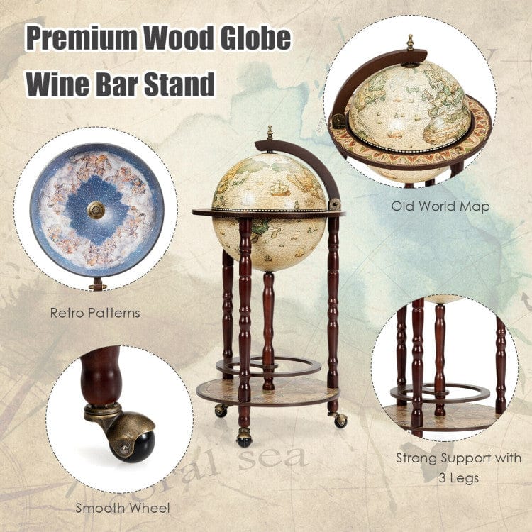 Costway 17 Inch Italian Style Design Wooden Globe Liquor Bottle Wine Rack with Wheels