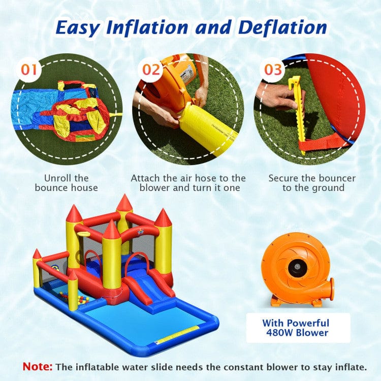 Costway Inflatable Water Slide Castle Kids Bounce House with 480W Blower