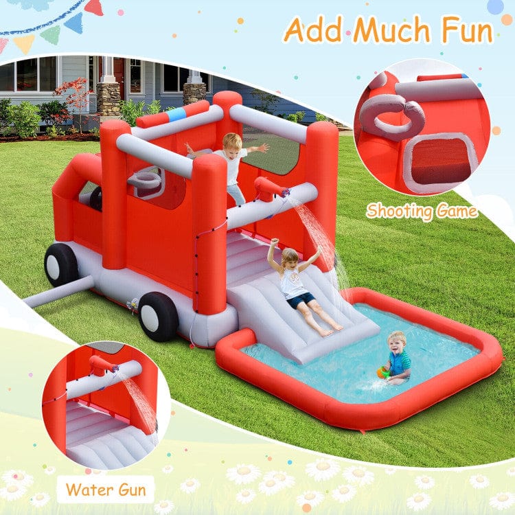 Costway Fire Truck Themed Inflatable Castle Water Park Kids Bounce House with 480W Blower