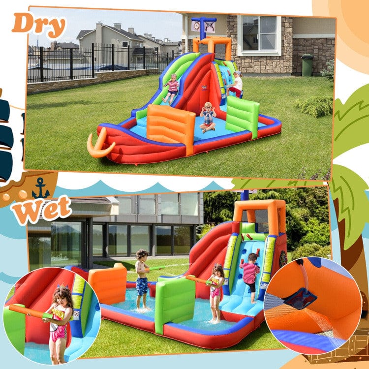 Costway 6-in-1 Pirate Ship Waterslide Kid Inflatable Castle with Water Blasters and 735W Blower
