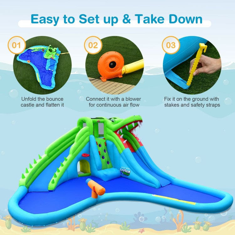 Costway Inflatable Crocodile Style Water Slide Kids Bounce Castle with 780W Blower