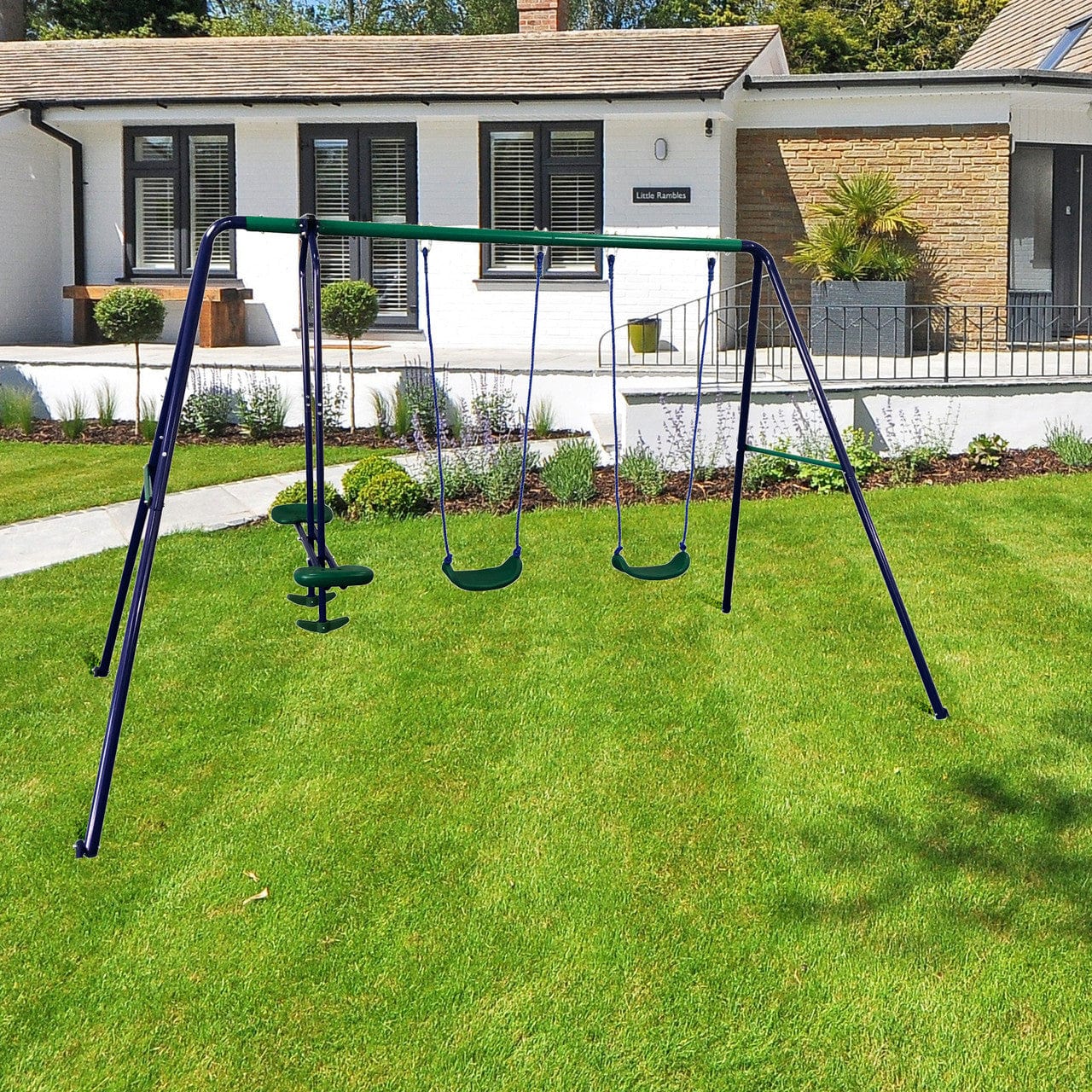 Aleko Outdoor Sturdy Child Swing Set with 2 Swings and 1 Glider - Blue and Green