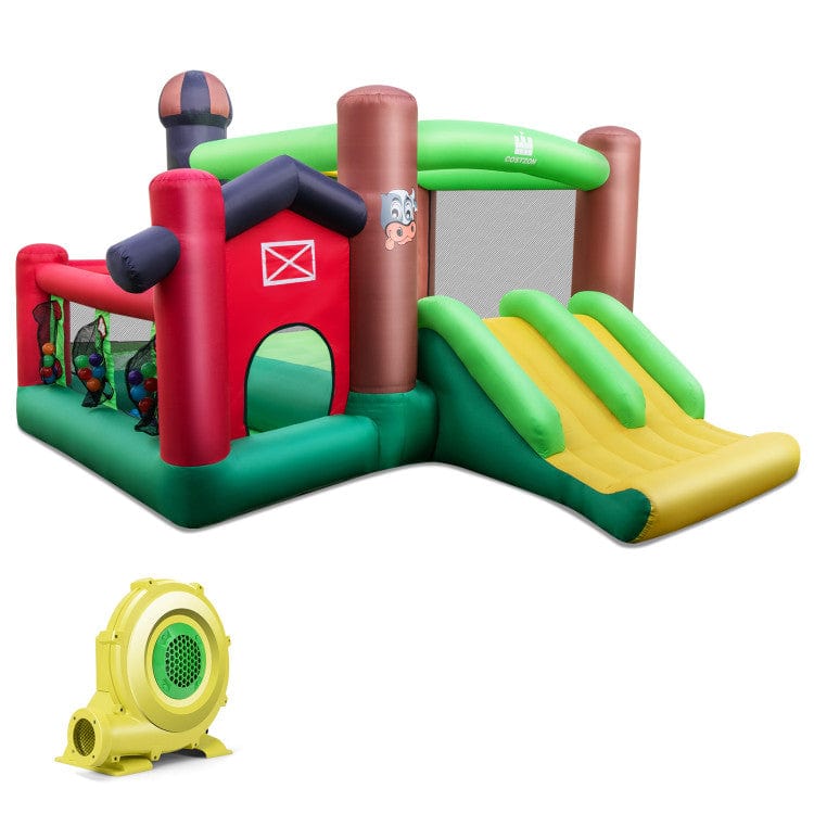Costway Farm Themed 6-in-1 Inflatable Castle with Trampoline and 735W Blower