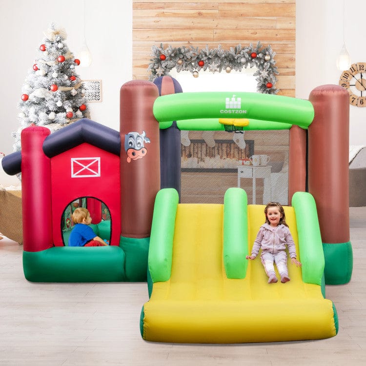 Costway Farm Themed 6-in-1 Inflatable Castle with Trampoline and 735W Blower