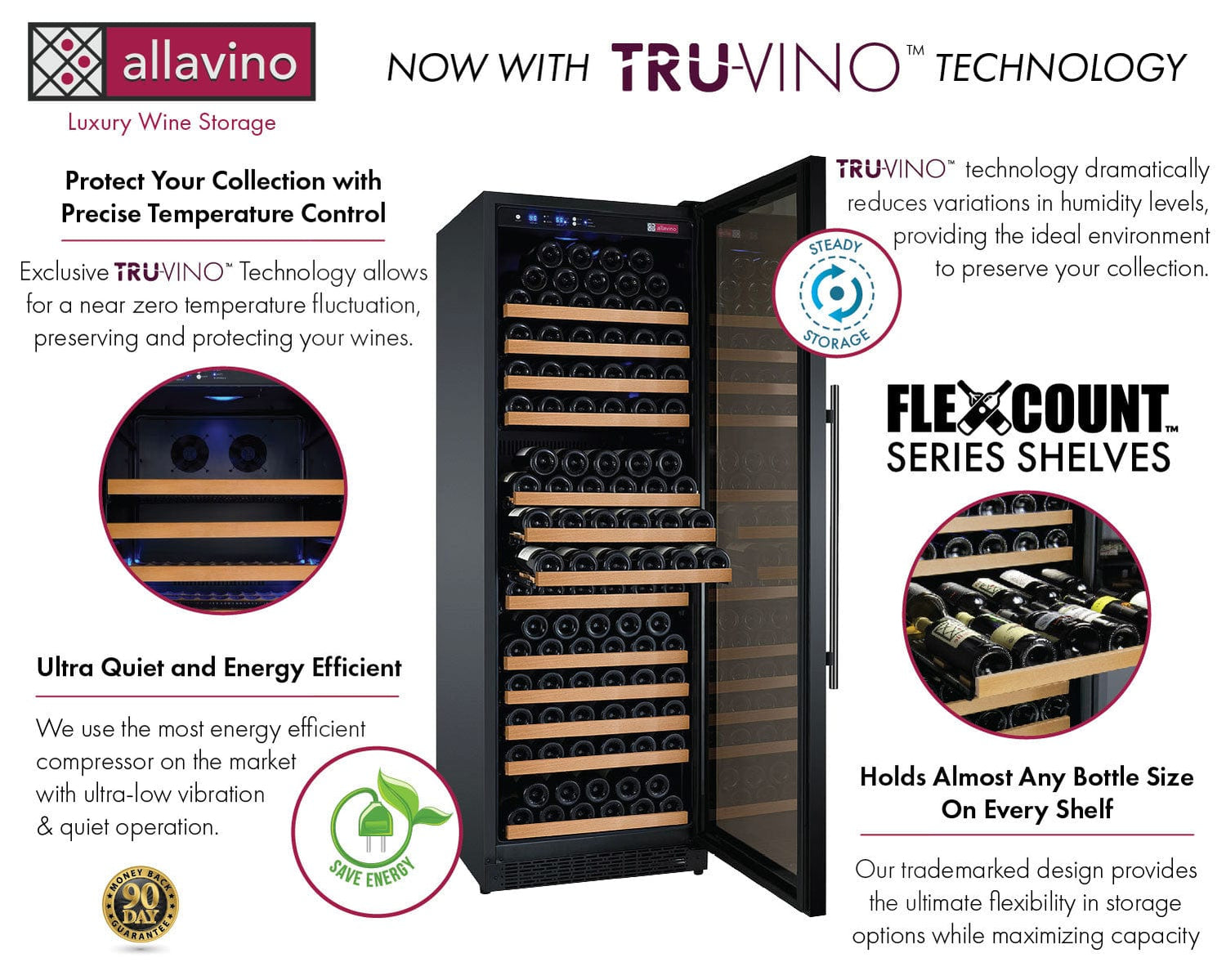 Allavino 47&quot; Wide FlexCount II Tru-Vino 354 Bottle Dual Zone Black Side-by-Side Wine Refrigerator