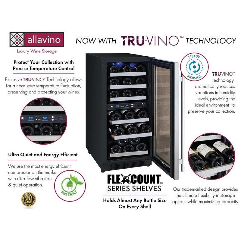 Allavino 15&quot; Wide FlexCount II Tru-Vino 30 Bottle Dual Zone Right Hinge Stainless Steel Wine Refrigerator