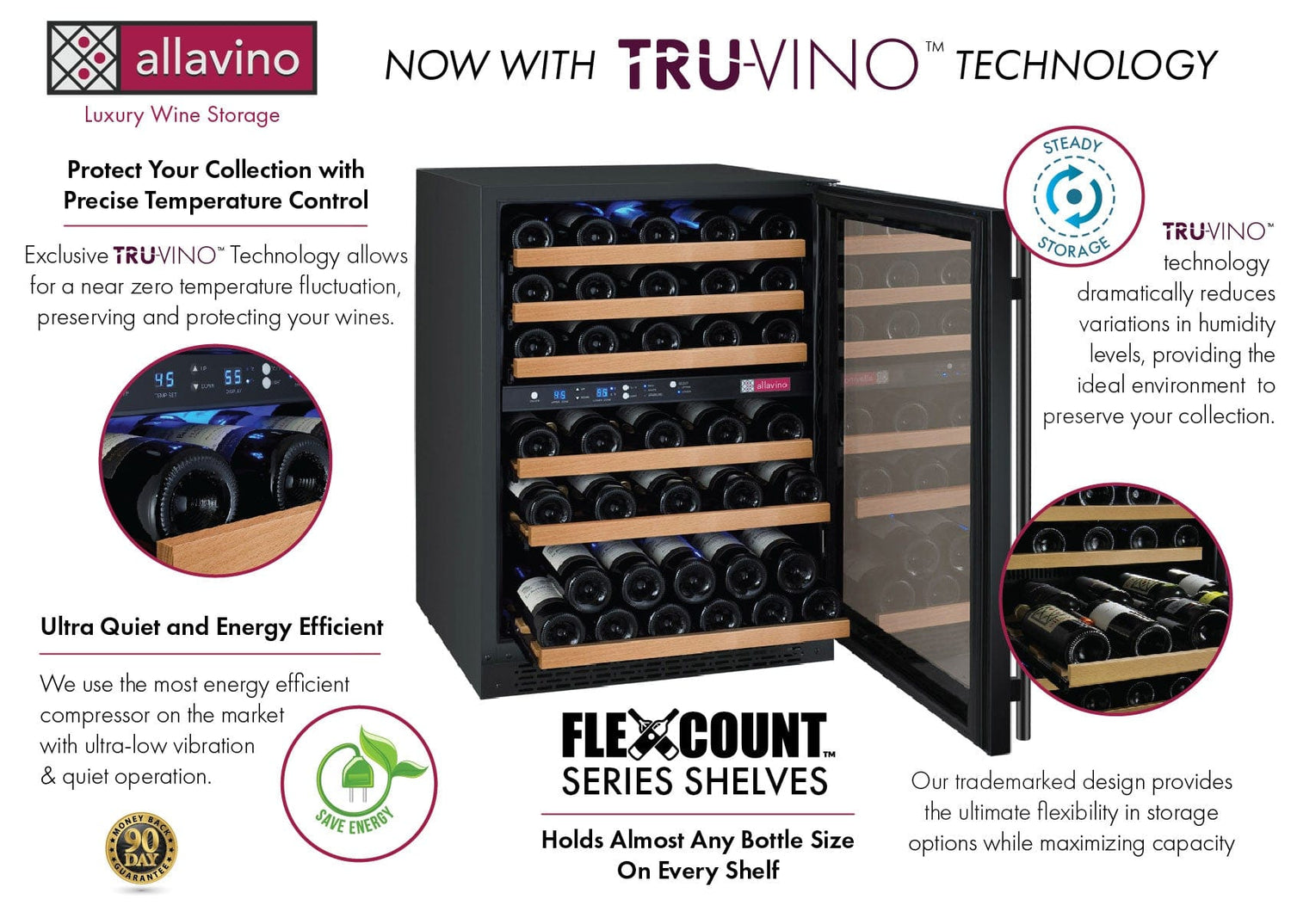 Allavino 47&quot; Wide FlexCount II Tru-Vino 112 Bottle Four Zone Black Side-by-Side Wine Refrigerator