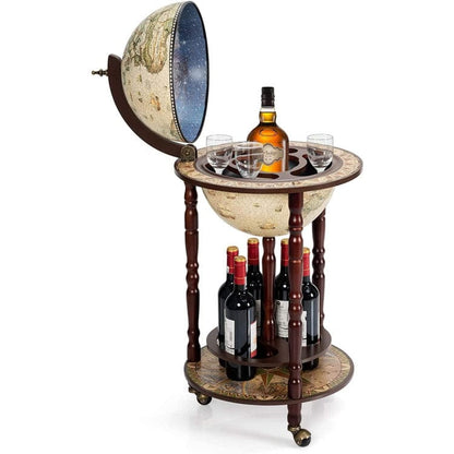 Costway 17 Inch Italian Style Design Wooden Globe Liquor Bottle Wine Rack with Wheels