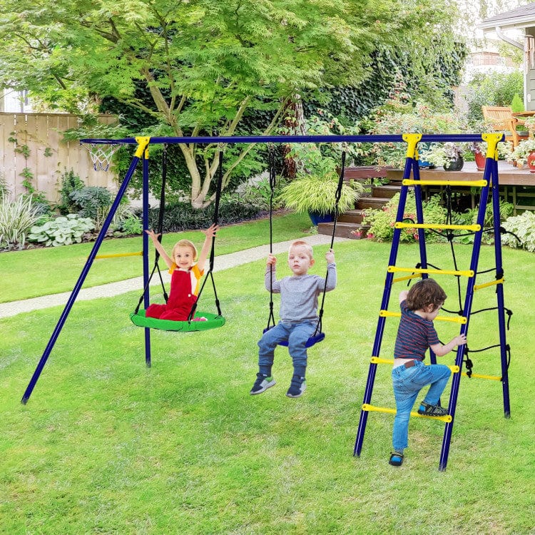 Costway 5-In-1 Outdoor Kids Swing Set with A-Shaped Metal Frame and Ground Stake