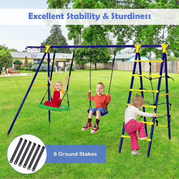 Costway 5-In-1 Outdoor Kids Swing Set A-Shaped Metal Frame Ground Stake