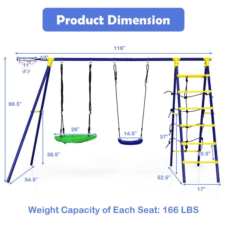 Costway 5-In-1 Outdoor Kids Swing Set A-Shaped Metal Frame Ground Stake