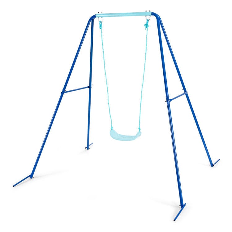Costway Outdoor Kids Swing Set with Heavy-Duty Metal A-Frame and Ground Stakes - Blue