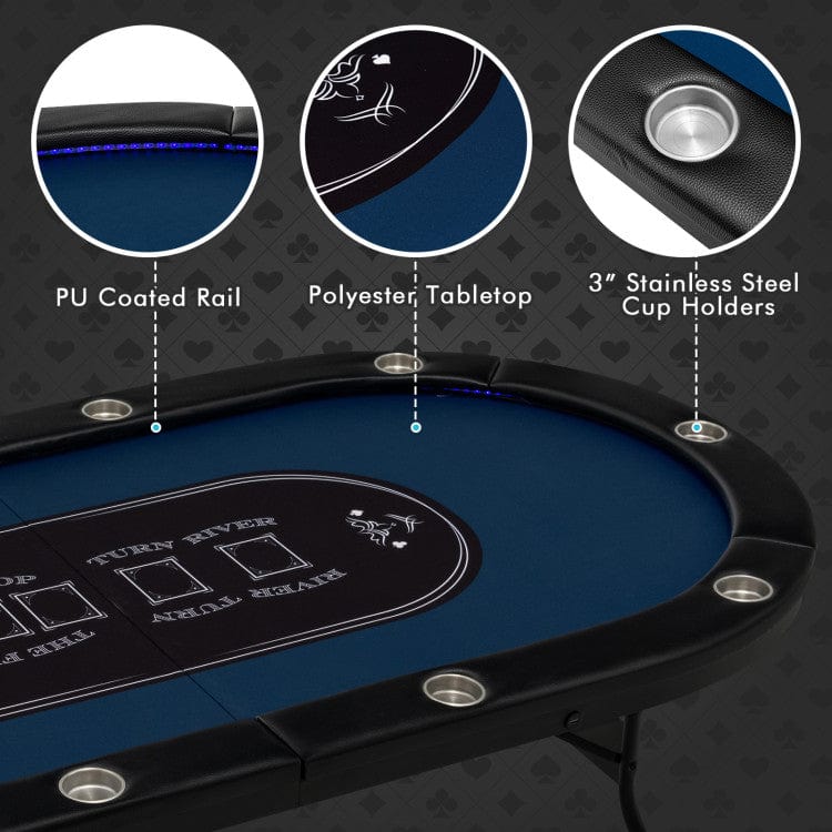Costway Foldable 10-Player Poker Table with LED Lights and USB Ports
